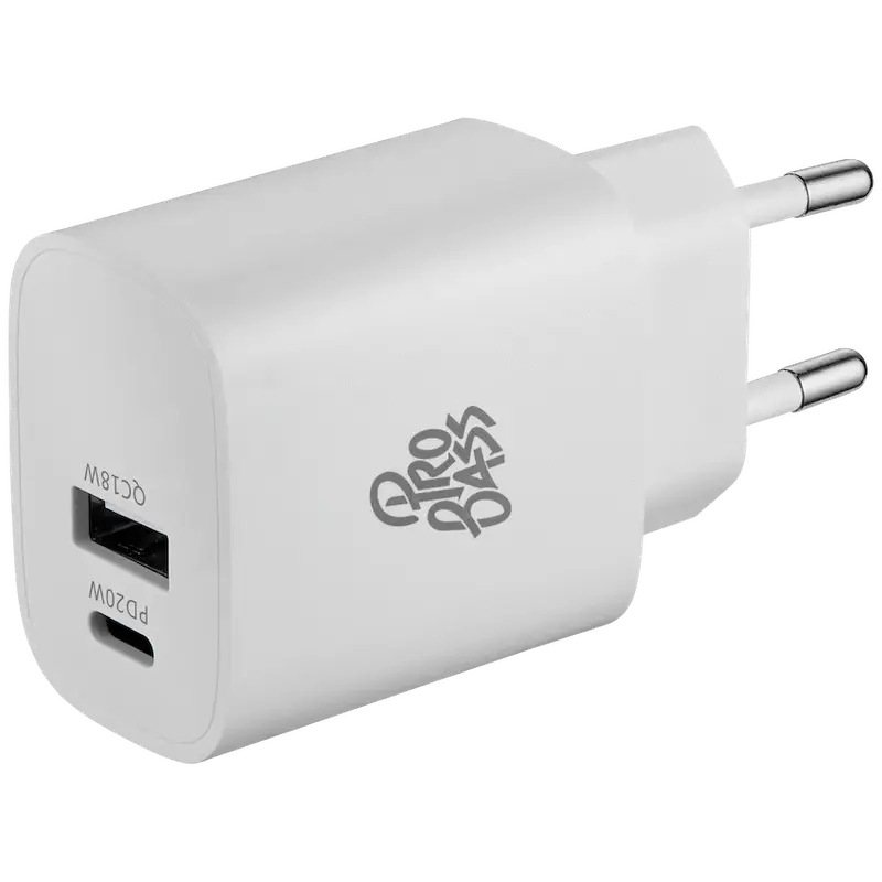 Pro Bass Rapidcharge Series 20w+18w Dual USB and Type-C Wall Charger - White